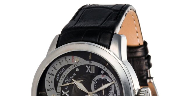 Pánské hodinky s černým ciferníkem a koženým řemínkem Lancaster
