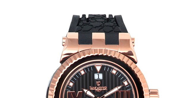 Pánské černé hodinky s prvky růžového zlata Lancaster