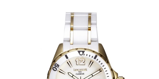 Dámské bílo-zlaté keramické hodinky s datumovkou Lancaster
