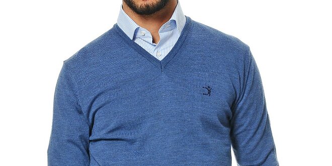 Pánský modrý svetr z merino vlny s véčkovým výstřihem Uomini Italiani