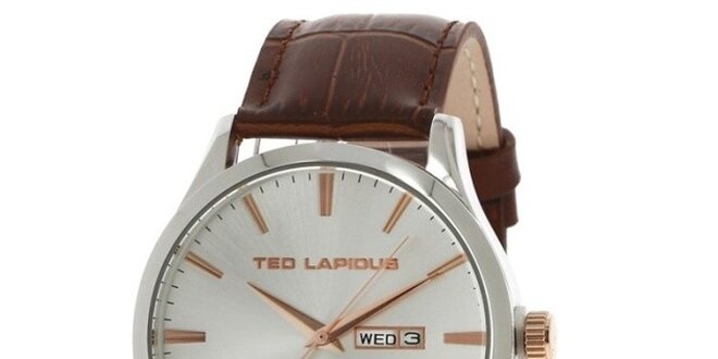Pánské ocelové hodinky s koženým řemínkem hnědé barvy Ted Lapidus