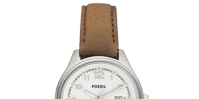 Dámské ocelové hodinky s hnědým koženým řemínkem Fossil