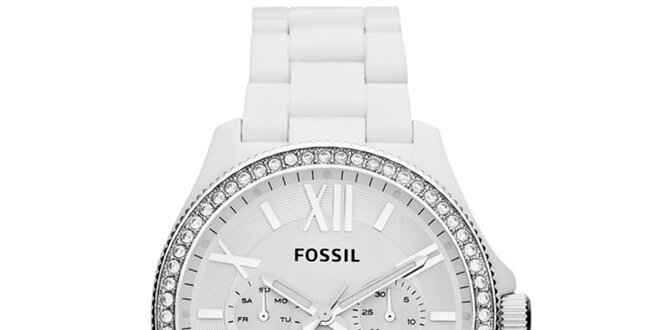 Dámské bílé hodinky se zirkonky na lunetě Fossil