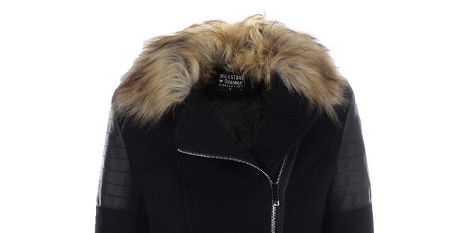 Dámský černý krátký kabátek s kožíškovým límcem Mila Store