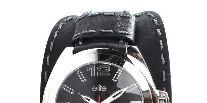 Pánské černé hodinky s šedým prošíváním Elite