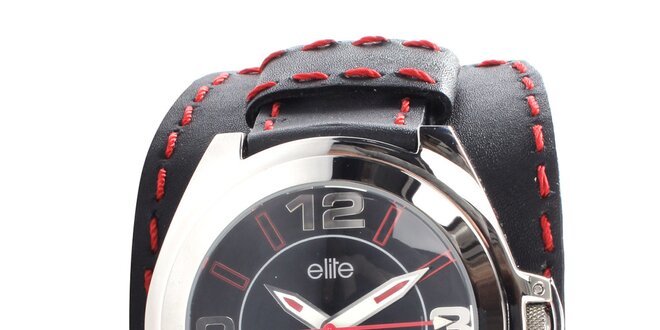 Pánské černé hodinky s červeným prošíváním Elite