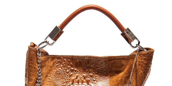 Dámská koňakově hnědá kožená kabelka s motivem krokodýlí kůže Luisa Vannini