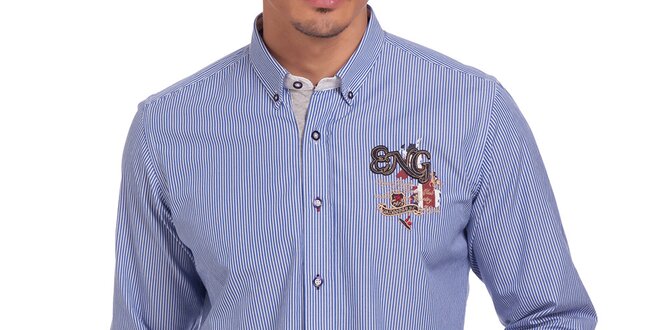Pánská modrá pruhovaná košile s výšivkou na hrudi a zádech Galvanni
