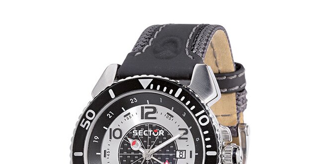 Pánské černo-stříbrné ocelové hodinky Sector s koženým řemínkem