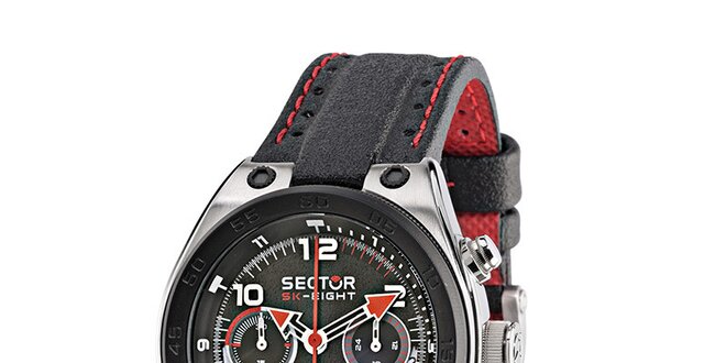 Pánské černé ocelové hodinky Sector s černo-červeným koženým řemínkem