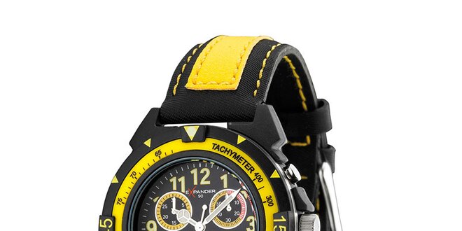 Černo-žluté ocelové hodinky Sector s koženým řemínkem