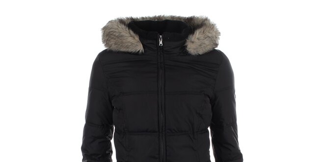 Dámský černý prošívaný kabát s kapucí a kožíškem Halifax