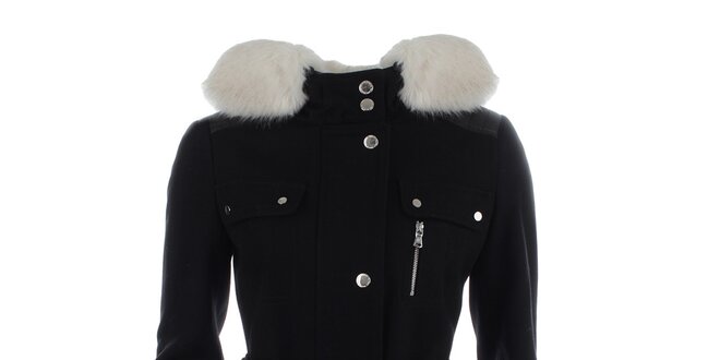 Dámský černý kabát s kapucí a bílým kožíškem Halifax