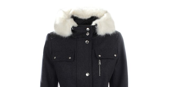 Dámský tmavě šedý kabát s kapucí a bílým kožíškem Halifax