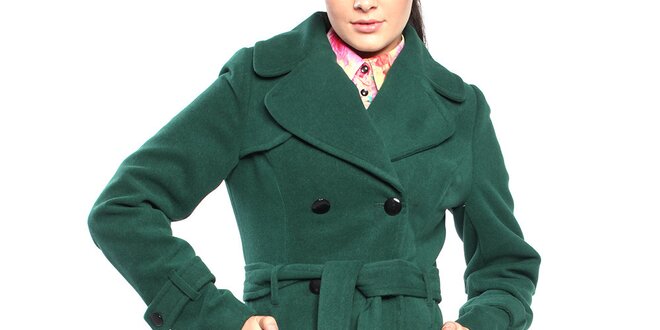 Dámský tmavě zelený dvouřadý kabát s páskem Vera Ravenna