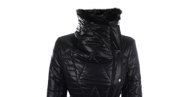 Dámský černý kabát s kožíškovým límcem N & P