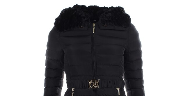 Dámský černý kabát s kapucí a kožíškem B.style