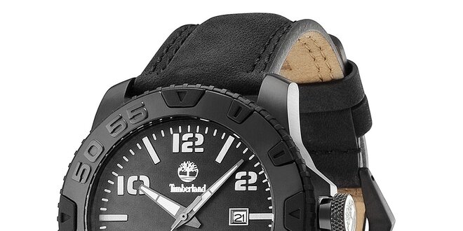 Pánské černé ocelové hodinky s hrubým koženým řemínkem Timberland