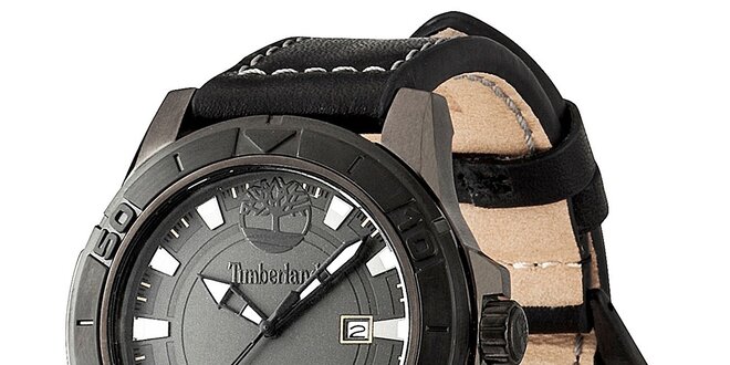 Pánské černé ocelové hodinky s koženým prošívaným řemínkem Timberland