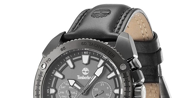 Pánské černé ocelové hodinky s koženým řemínkem Timberland