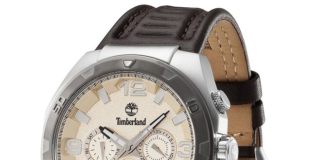 Pánské hodinky z oceli s koženým hnědým řemínkem Timberland