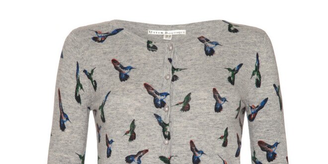 Dámský šedý svetřík s barevnými kolibříky a knoflíky Uttam Boutique