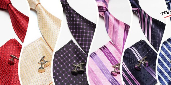 Vzorovaná kravata, knoflíčky a kapesníček
