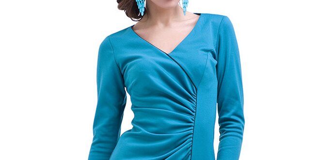Dámské modré nařasené šaty s dlouhým rukávem Vera Fashion