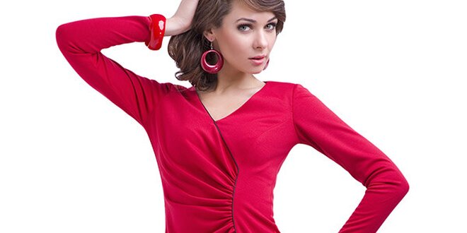 Dámské červené nařasené šaty s dlouhým rukávem Vera Fashion