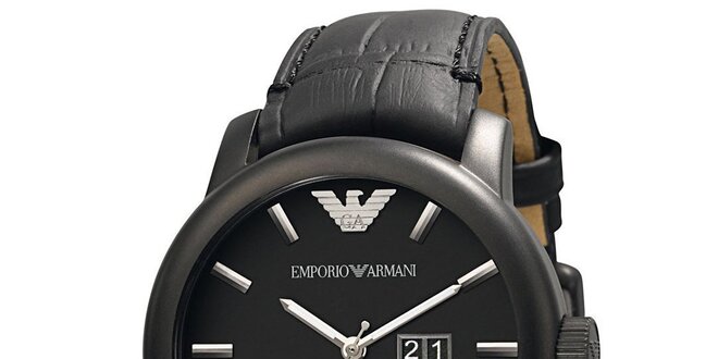 Pánské černé hodinky s koženým řemínkem Emporio Armani