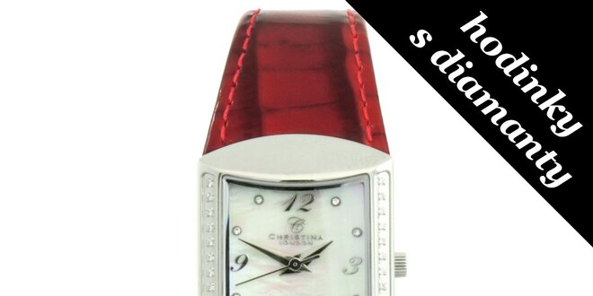 Dámské hranaté hodinky s diamanty a červeným páskem Christina London