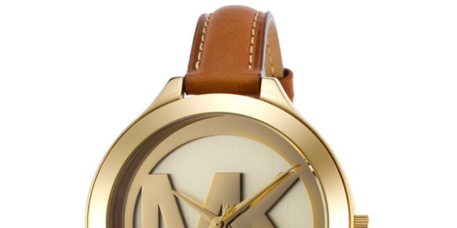 Dámské pozlacené hodinky s hnědým koženým řemínkem Michael Kors