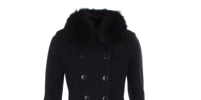 Dámský černý dvouřadý kabát s kožíškovým límcem Phard