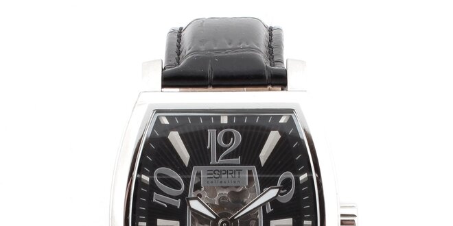 Pánské ocelové hodinky s černým koženým řemínkem Esprit