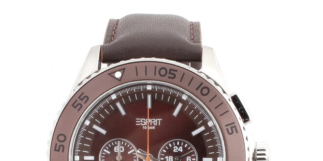Pánské hnědé hodinky s kulatým tmavým ciferníkem Esprit