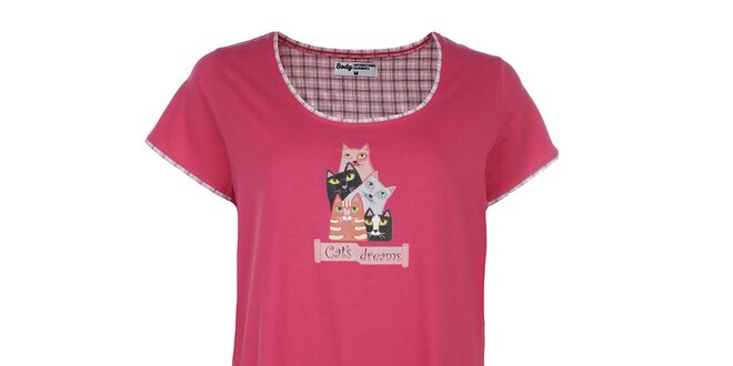 Dámská růžová noční košile s kočkami a kapsou Body International