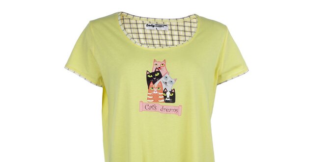 Dámská žlutá noční košile s kočkami a kapsou Body International