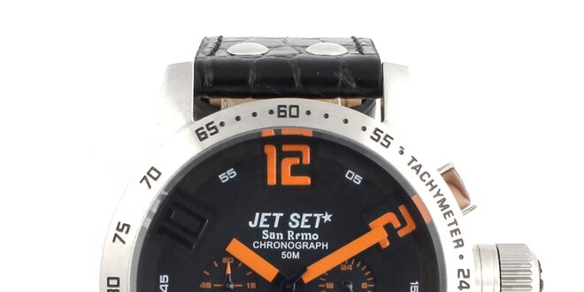 Pánské ocelové hodinky Jet Set s černým koženým řemínkem a oranžovými indexy