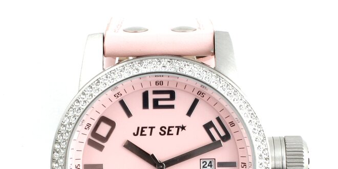 Dámské růžové hodinky Jet Set s koženým řemínkem a kamínky
