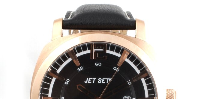 Pánské hodinky Jet Set s černým koženým řemínkem