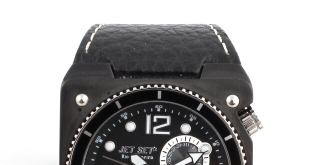 Pánské černé ocelové hodinky Jet Set s černým koženým řemínkem