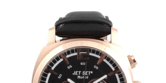 Pánské hodinky s datumovkou a černým koženým řemínkem Jet Set