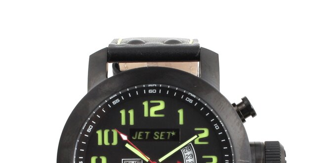 Unisex černé hodinky se zelenými indexy Jet Set