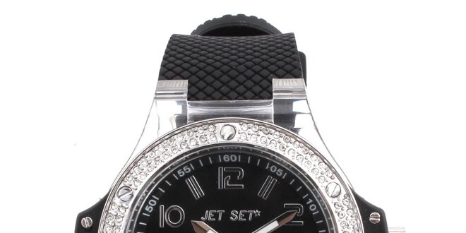 Dámské černé hodinky s kamínky na lunetě Jet Set