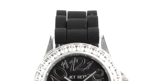 Dámské černé hodinky s hranatými kamínky Jet Set