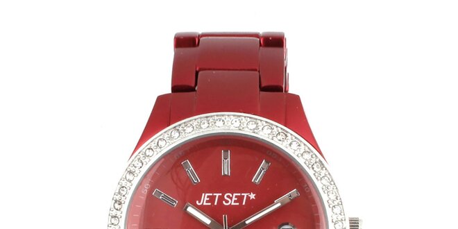 Dámské tmavě červené hodinky s bílými kamínky Jet Set