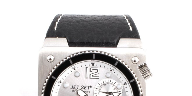 Pánské ocelové hodinky Jet Set s černým koženým řemínkem