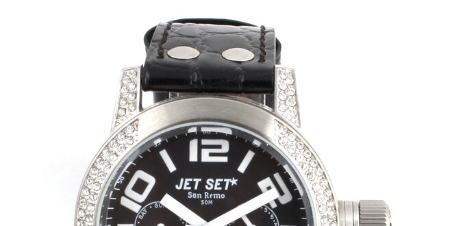 Dámské černo-stříbrné analogové hodinky Jet Set s kamínky