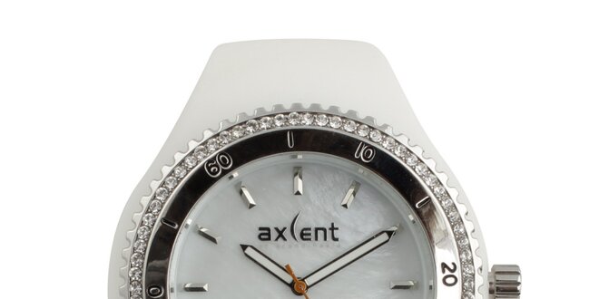 Dámské bílé hodinky s prvky ve stříbrném tónu a se zirkony Axcent