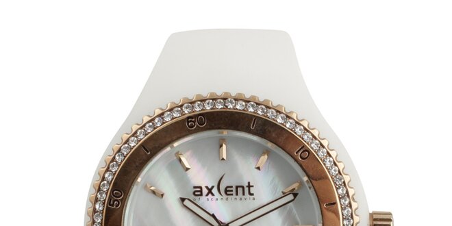 Dámské bílé hodinky s prvky ve zlatém tónu a zirkony Axcent